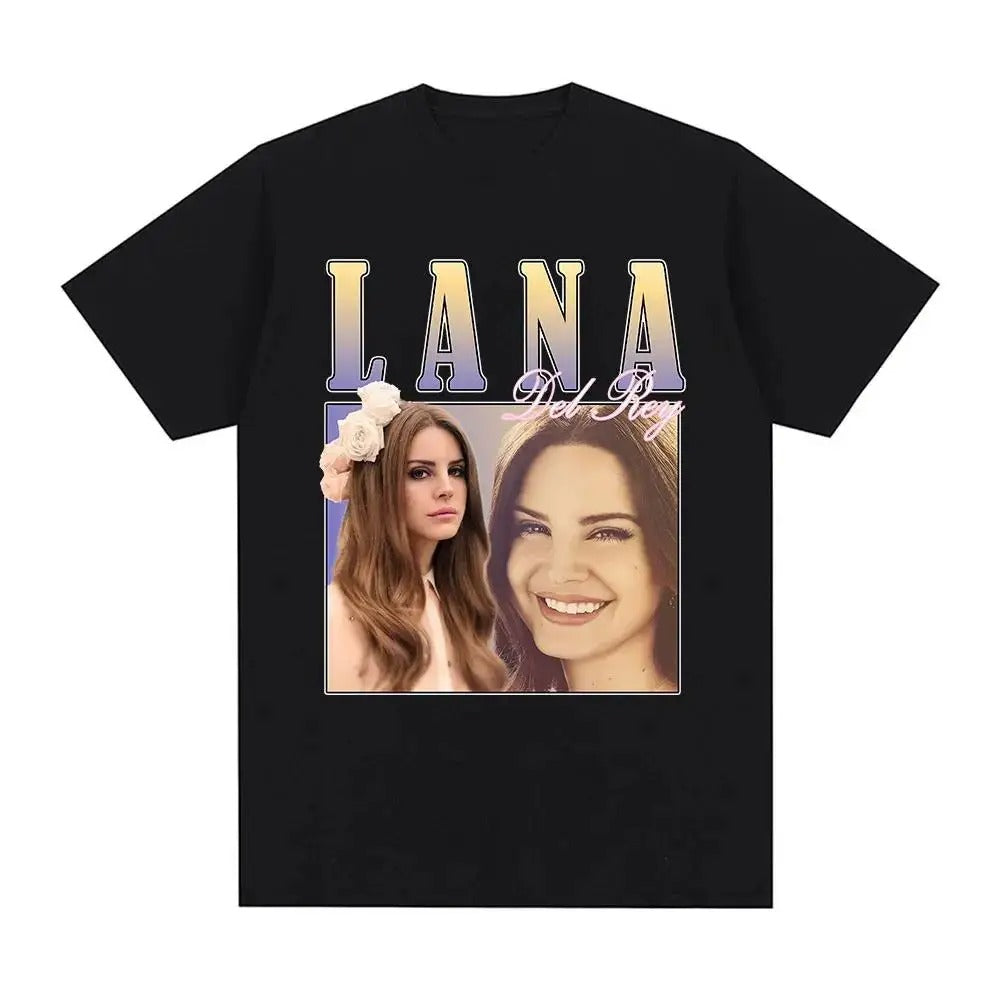 Black Lana Del Rey Printed T-Shirt - Floral Portrait