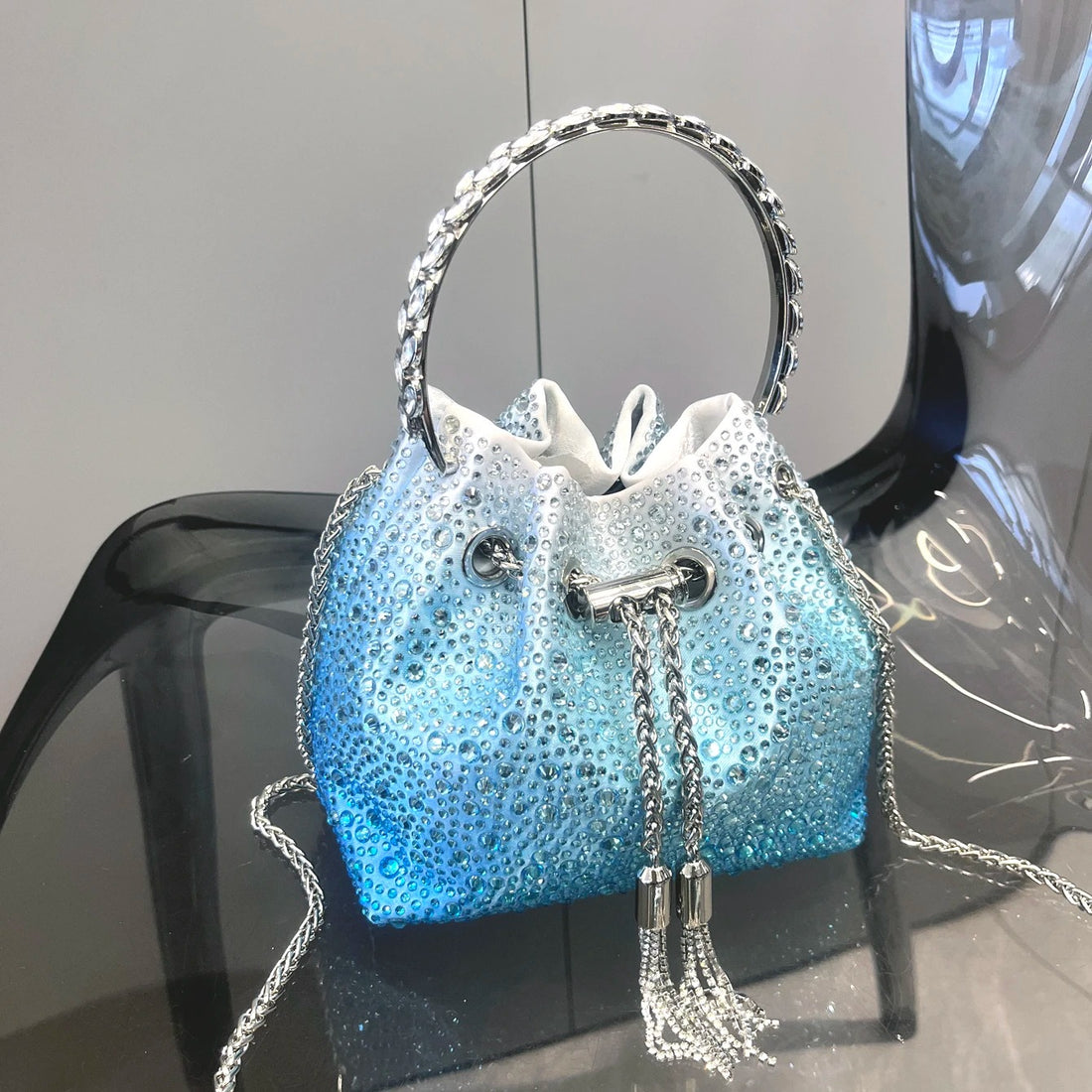 Bucket Bag Shiny with Crystals Blue