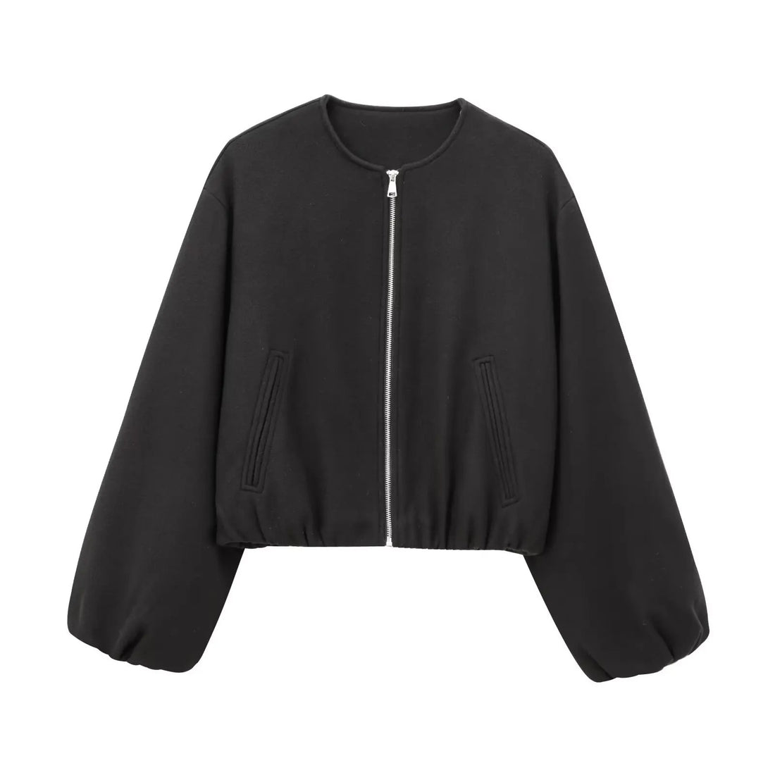 Black Round Neck Bomber Jacket