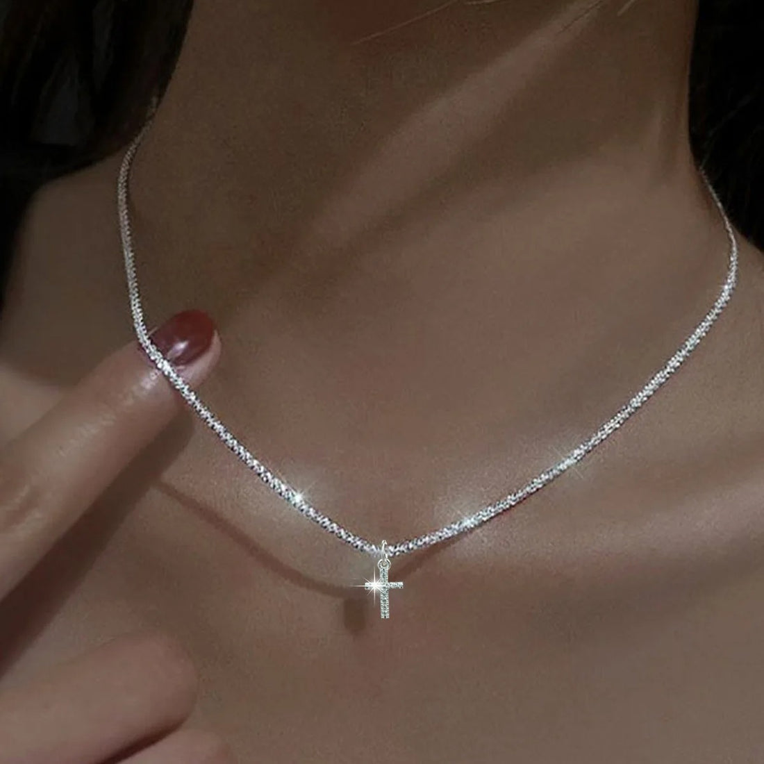 Platinum Necklace with Zircon Cross Elegance and Classic