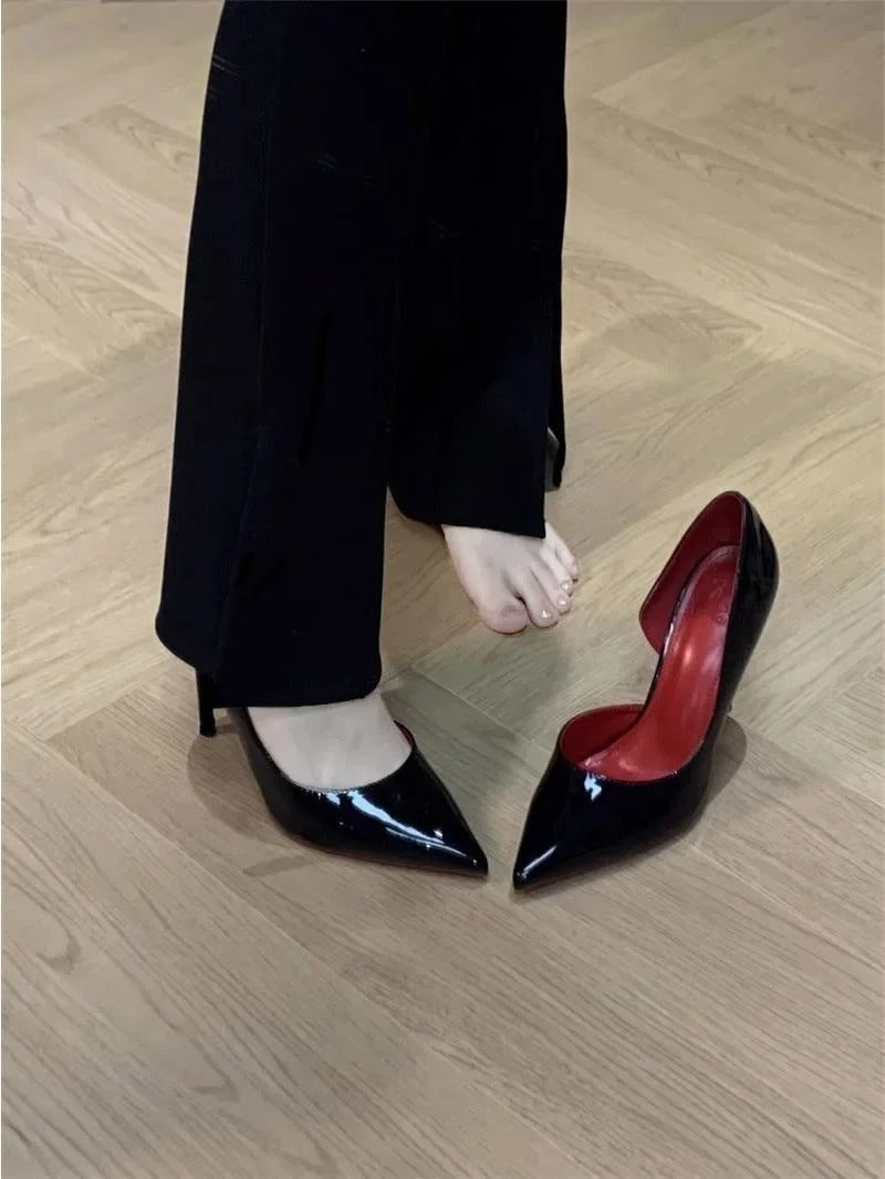 Black Leather High Heel Open Toe Shoes