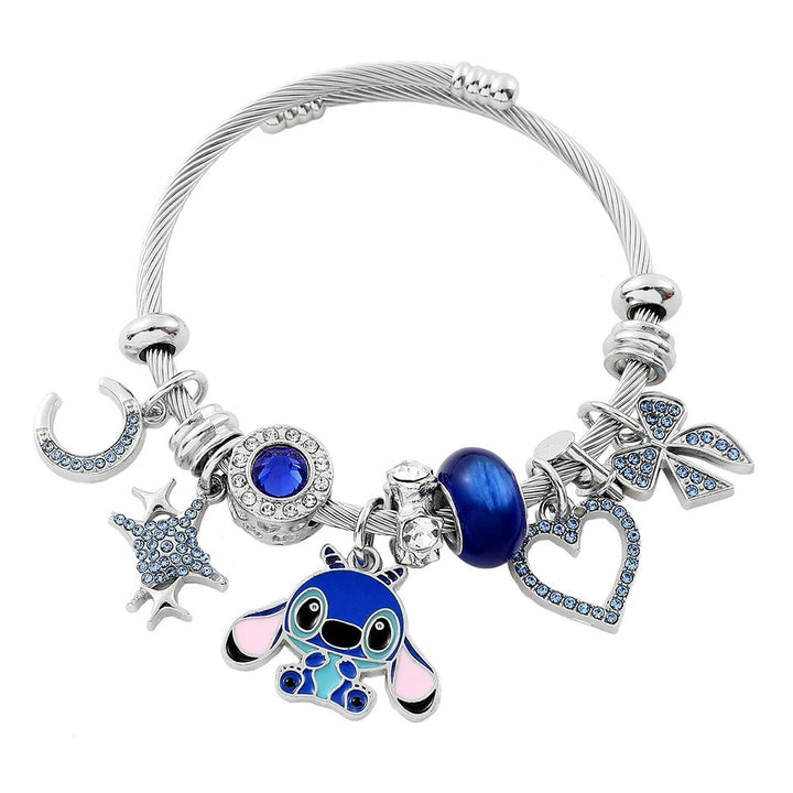 Silver Bracelet with Blue Crystals and Stitch Charms