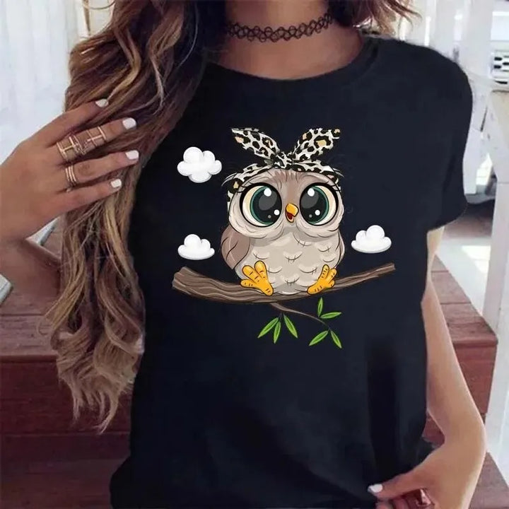 Black Cartoon Owl Print T-shirt