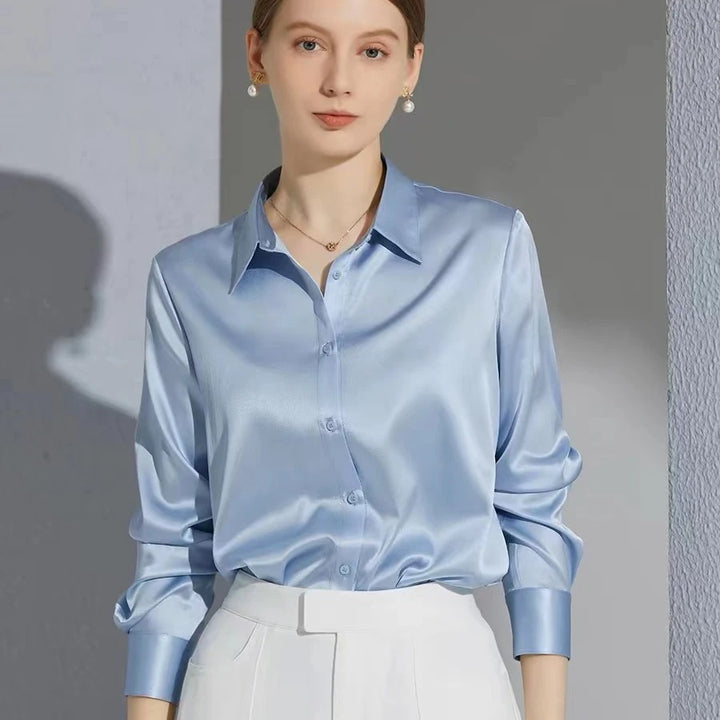 Blue Satin Turn-Down Collar Shirt