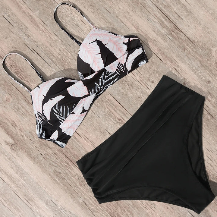 Black high waist leaf pattern push up bikini