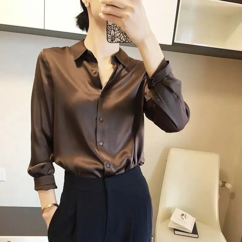 Coffee Satin Turn-Down Collar Shirt