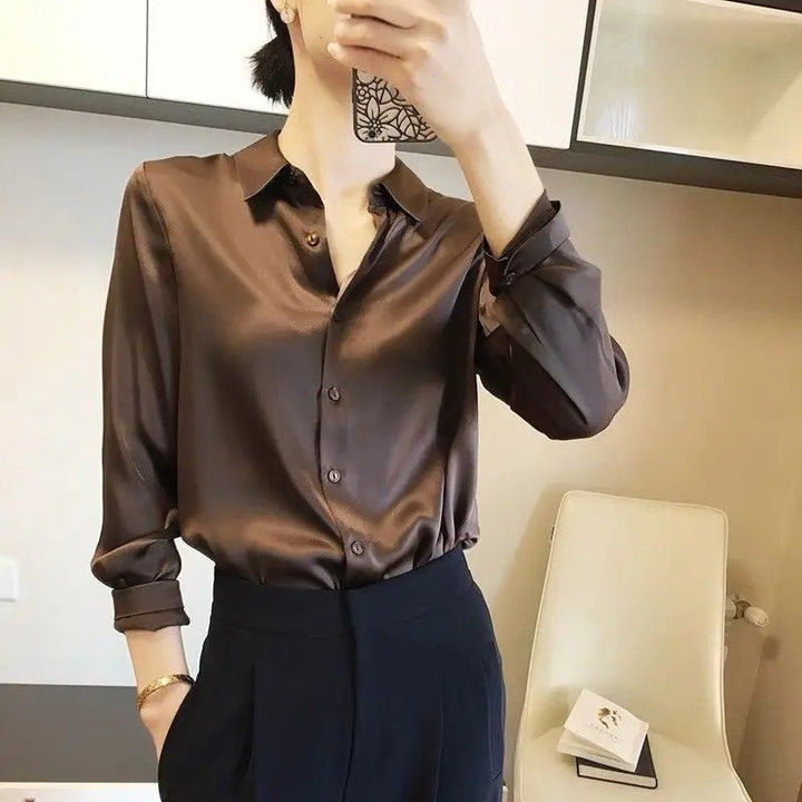 Coffee Satin Turn-Down Collar Shirt