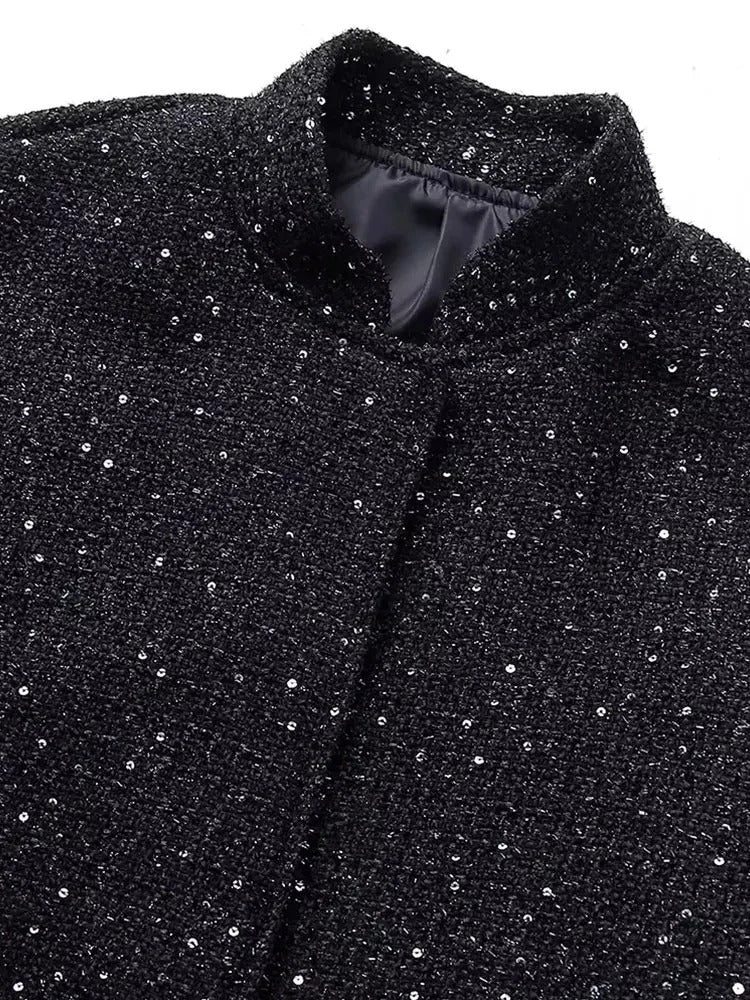 Black Y2K Shiny Sequin Jacket with Stand Collar