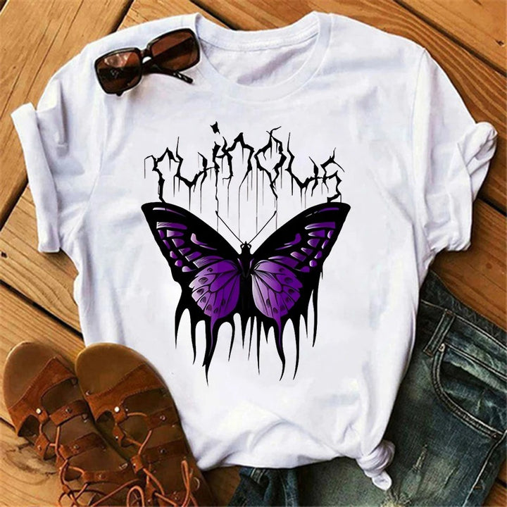 White T-shirt with Purple Butterfly and Gothic Print