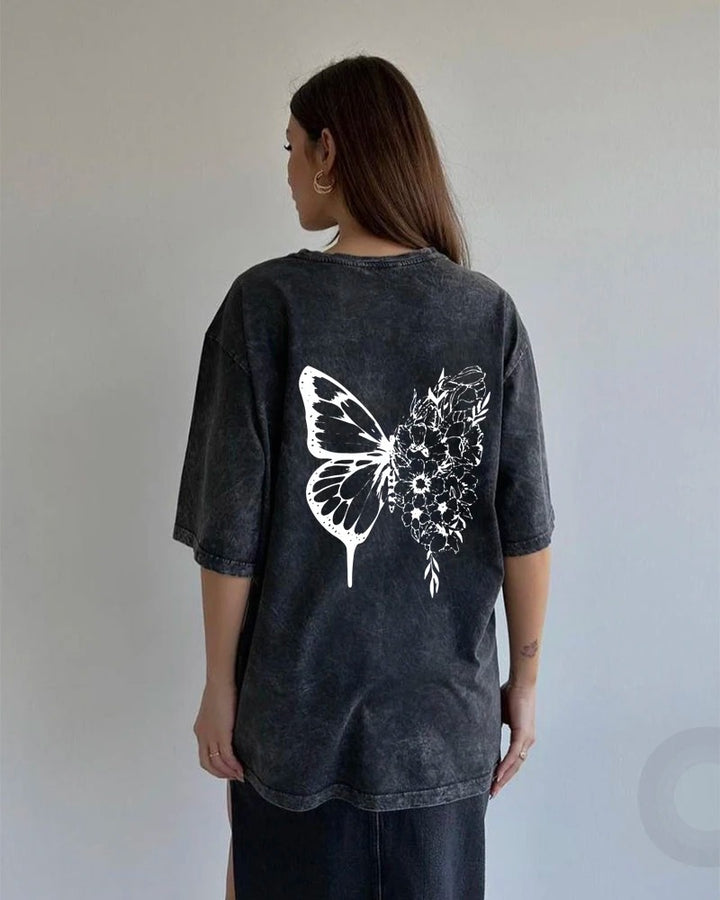 Black Oversize T-shirt "Butterfly &amp; Floral" Vintage