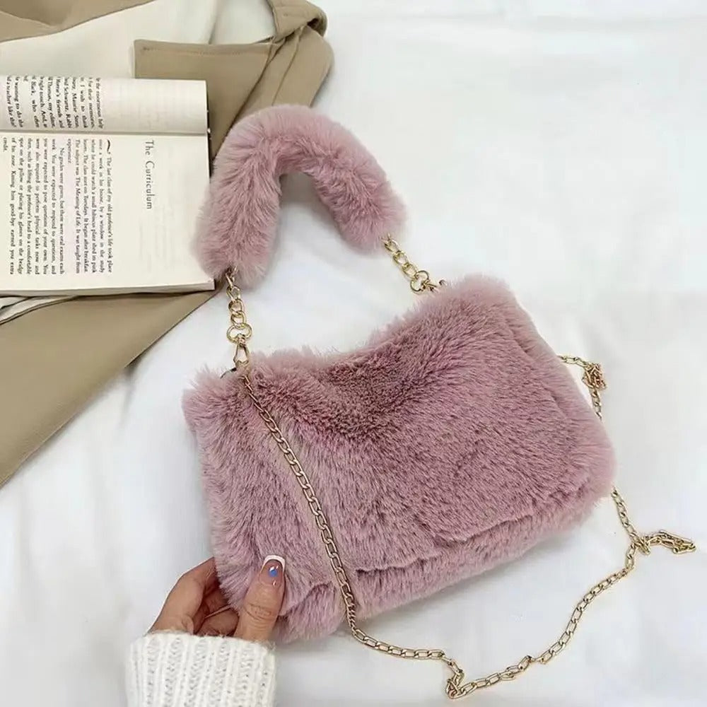 Pink and Purple Faux Fur Bag with Gold Chain