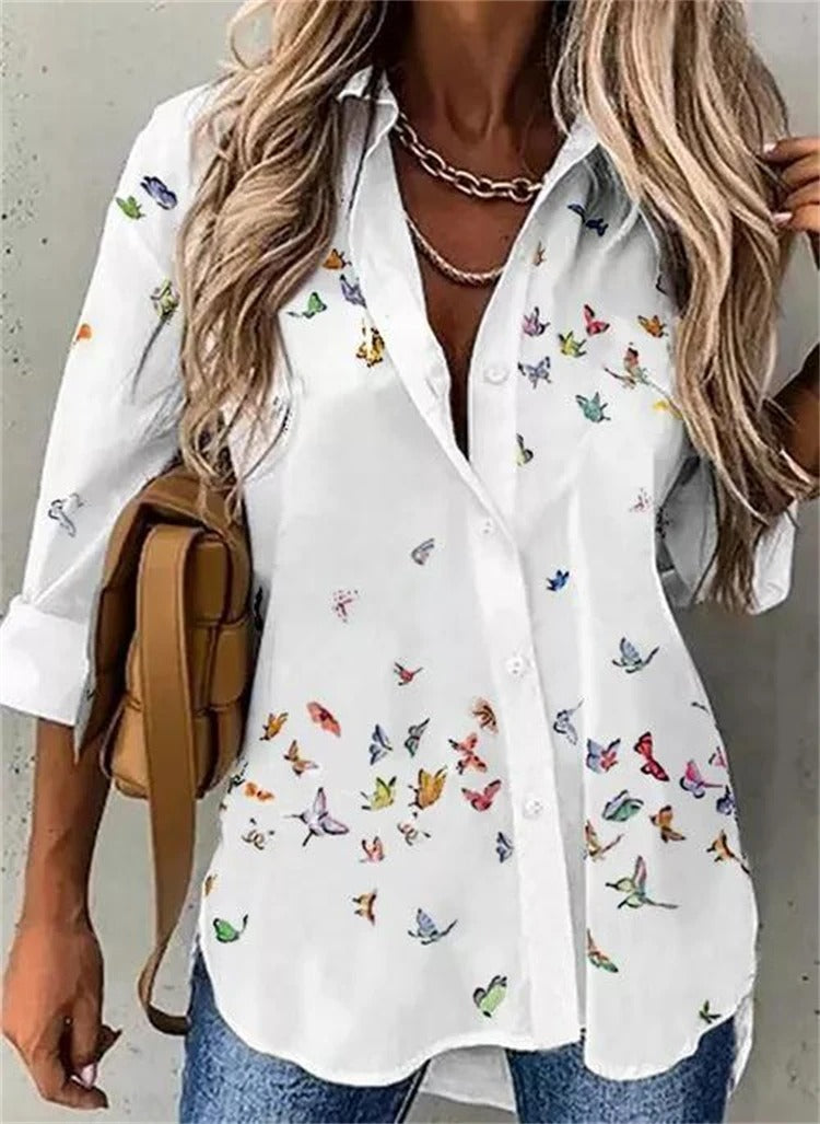 White Shirt with Colorful Butterflies Print