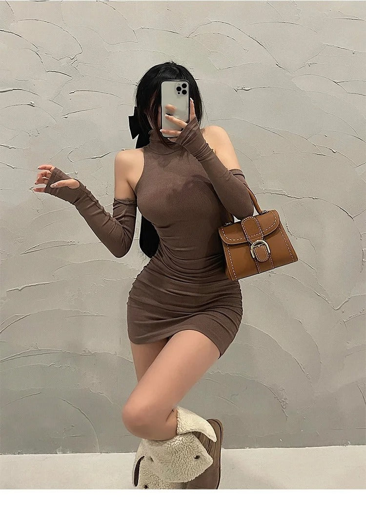 Brown mini dress with turtleneck