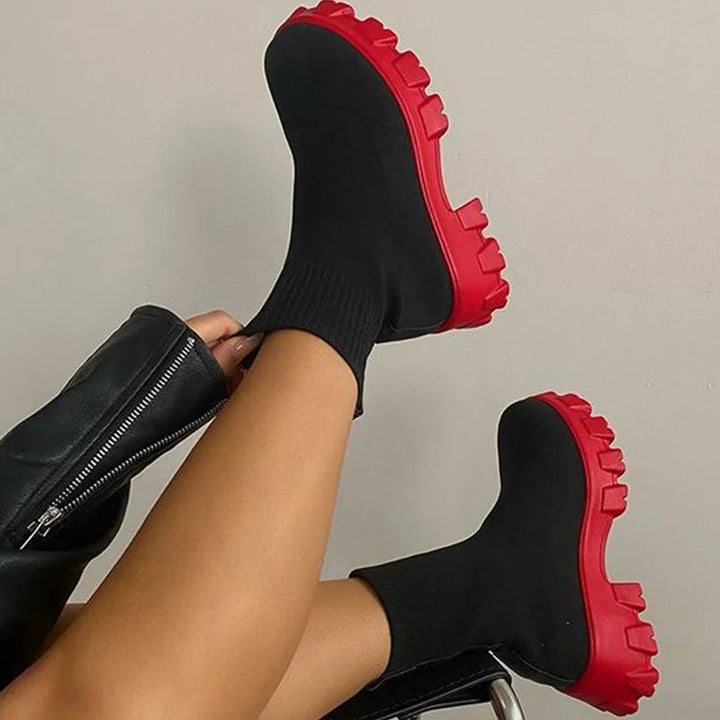 Black and Red Square Heel Platform Ankle Boots