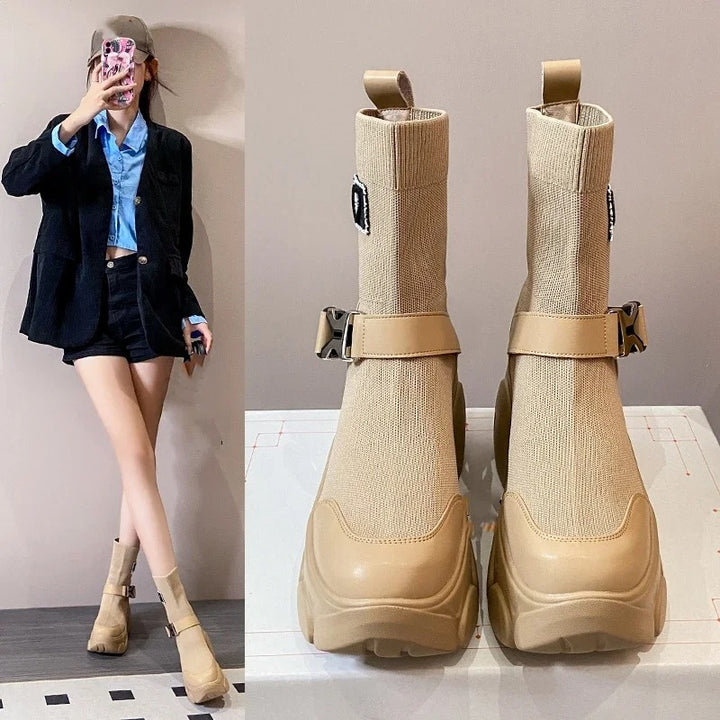 Khaki Platform Ankle Boots with Buckle and Elastic Knit on High Sole