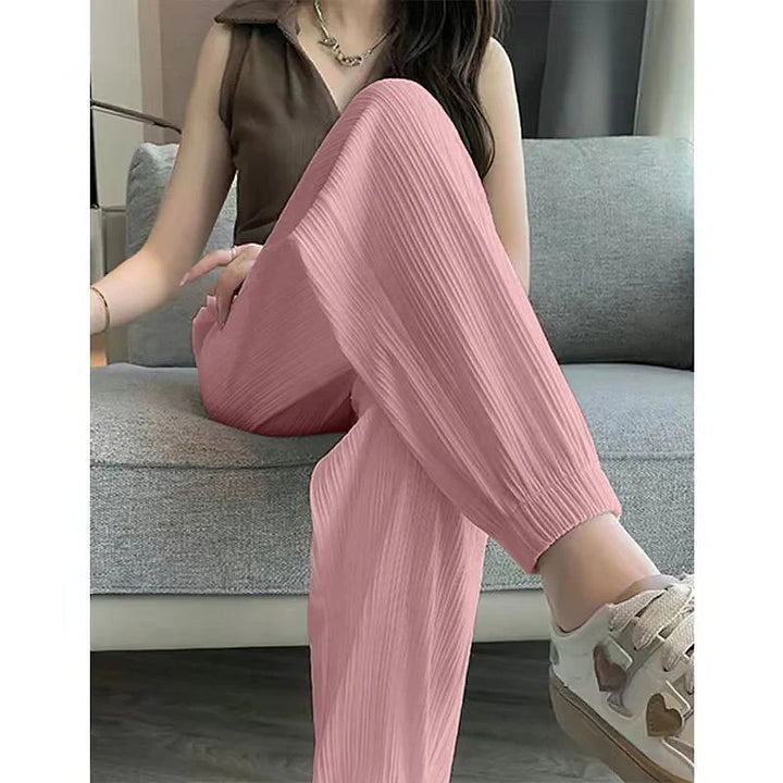 Pink Ice Silk Solid Color Trousers with Elastic Waist