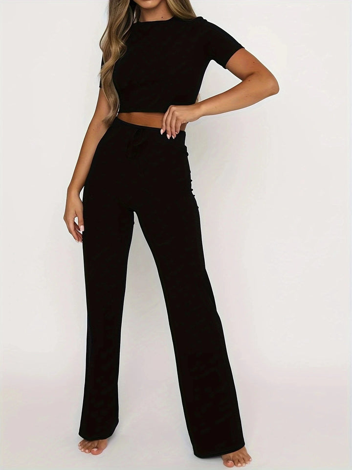 Short Knit Top and Pants Set Black