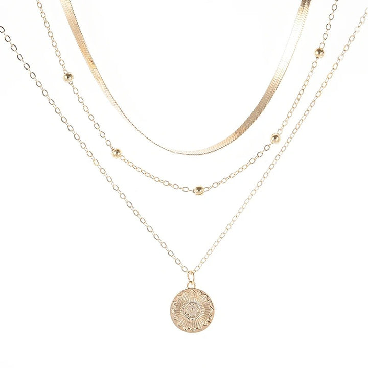 Gold Three Layer Choker Necklace with Geometric Pendant