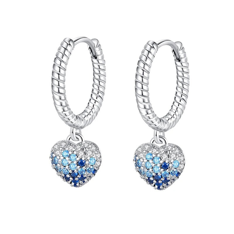 Silver Hoop Earrings with Crystal Heart in Blue Shades