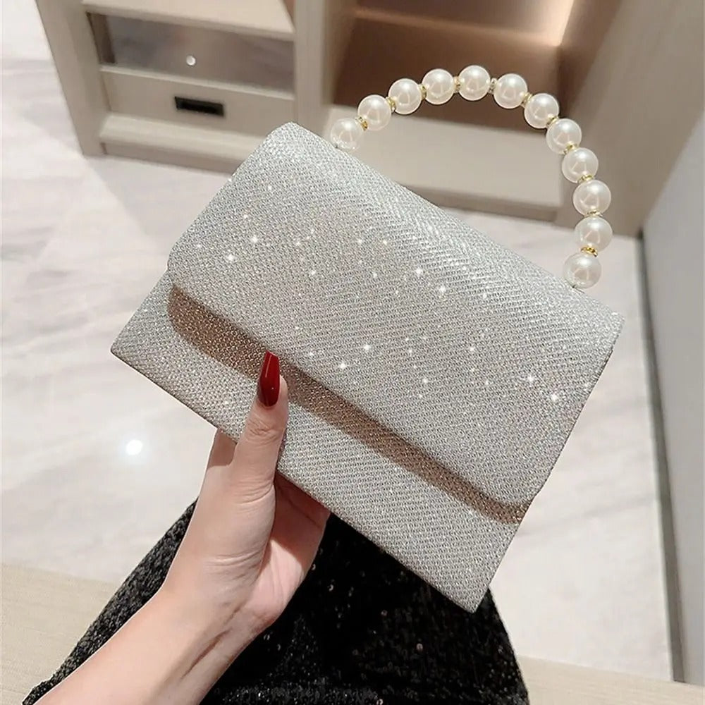 Evening Bag With Pearl Chain Silver