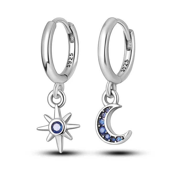 Silver Hoop Earrings with Moon and Star