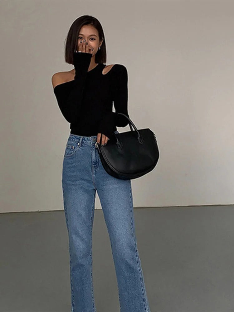 Black Off-Shoulder Long Sleeve Cutout T-Shirt