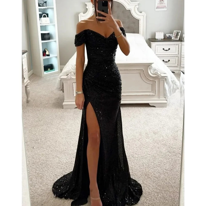 Black Sequin Slit Dress