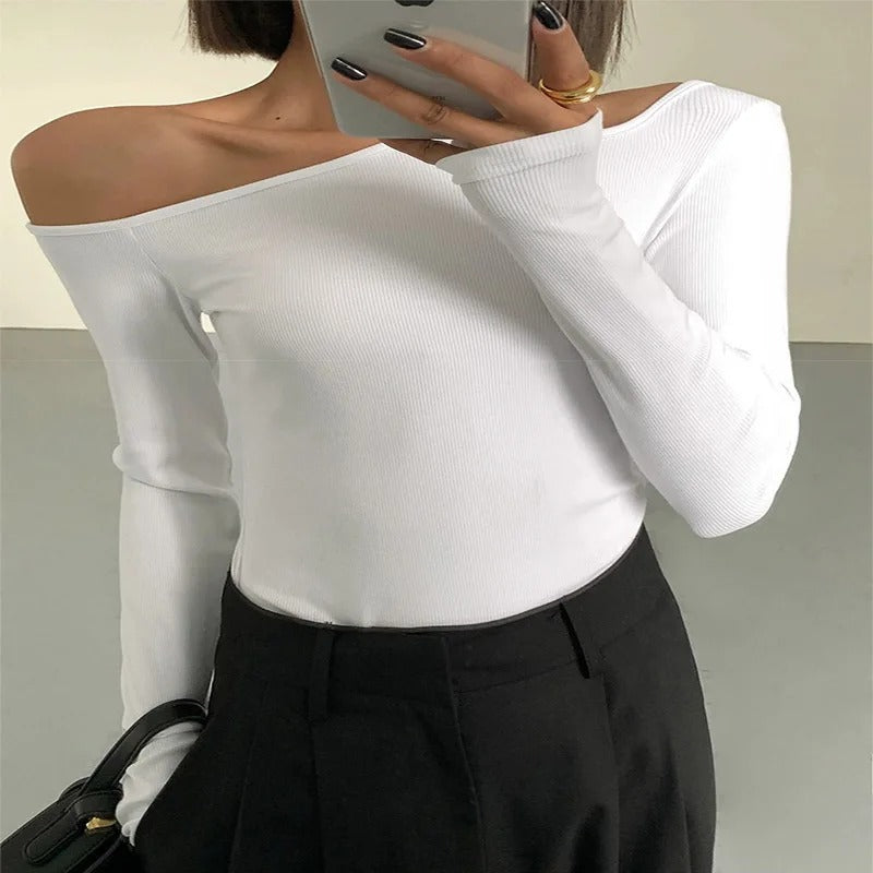 White Off-Shoulder Long Sleeve Cutout T-Shirt