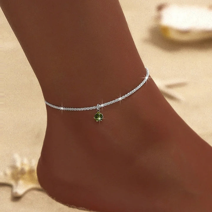 Silver Ankle Bracelet with Green Crystal