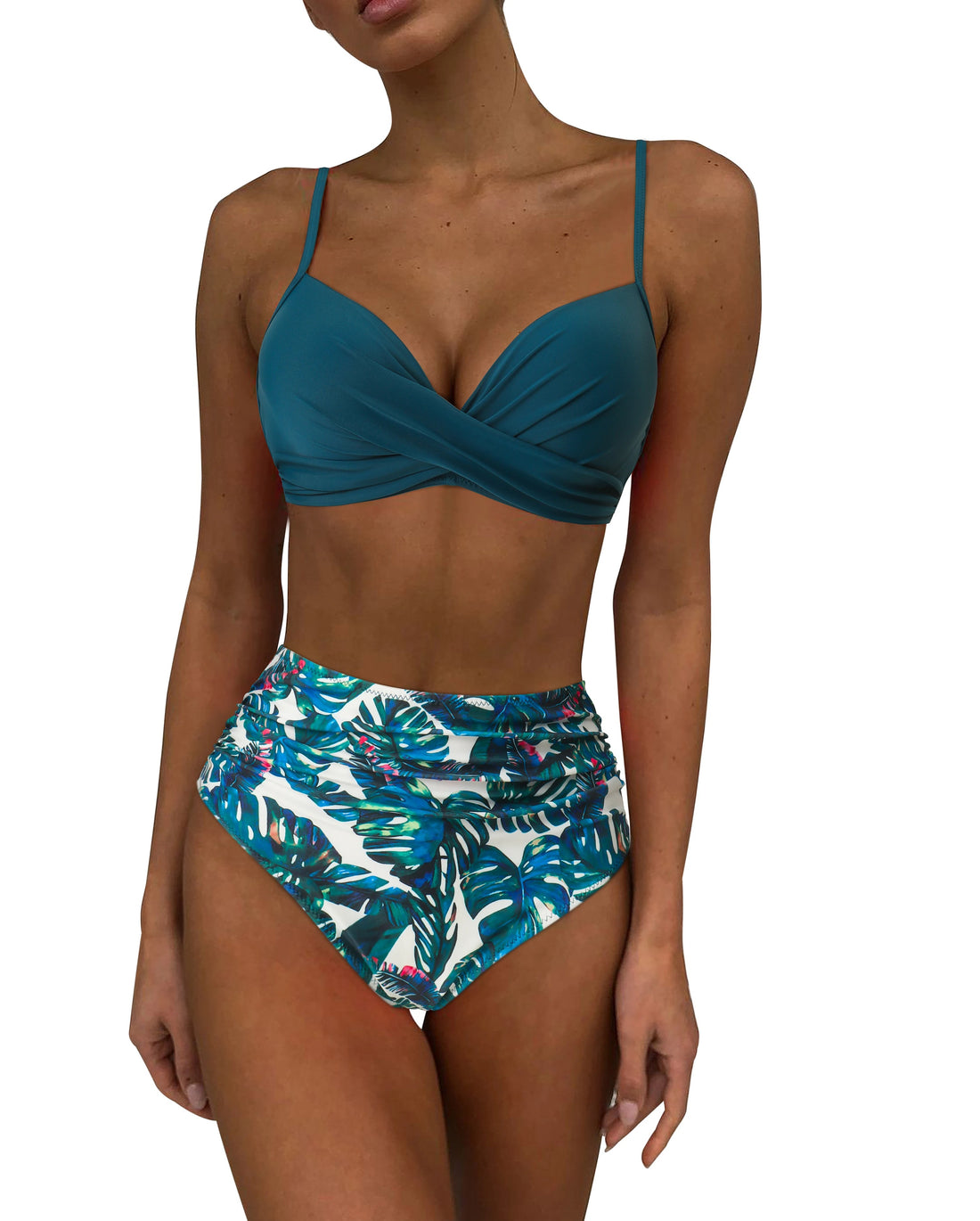 Petrol Tropical Print Push-Up Bikini