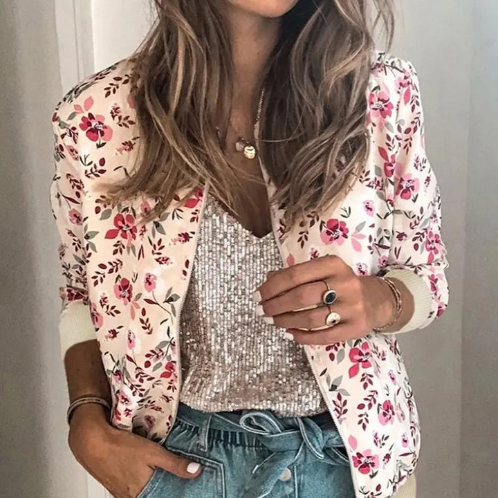 Beige Bomber Jacket with Floral Print