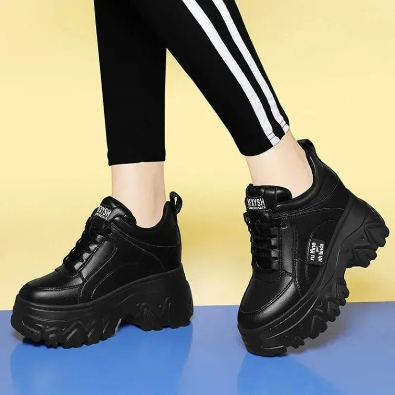 Black Leather Women's Platform Sneakers