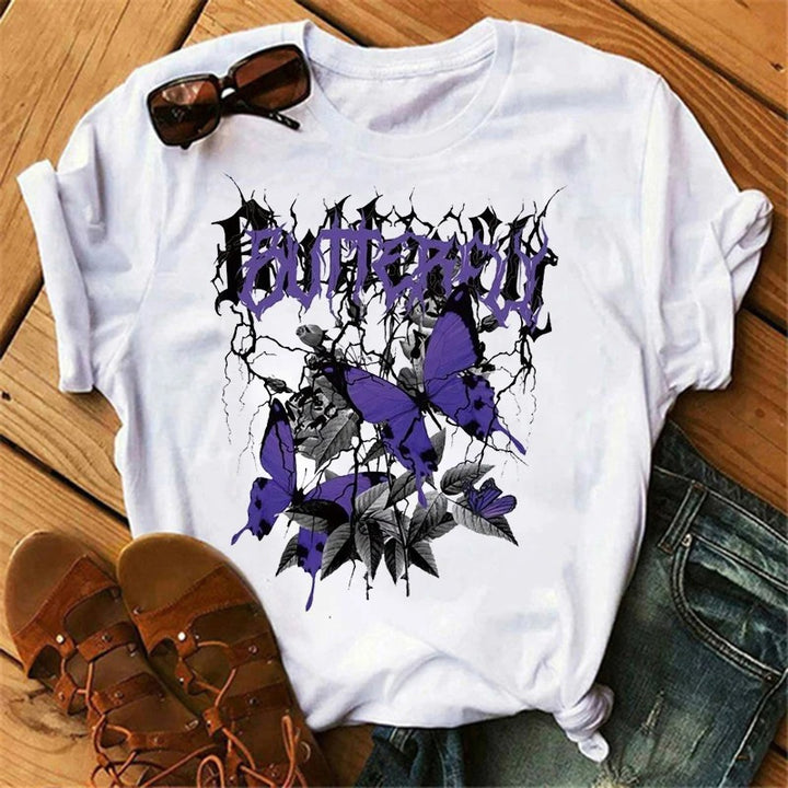 White T-shirt with Purple Butterflies and Gothic Print