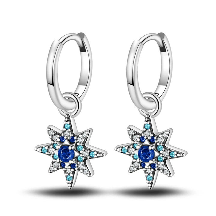 Silver Hoop Earrings with North Star and Cubic Zirconia