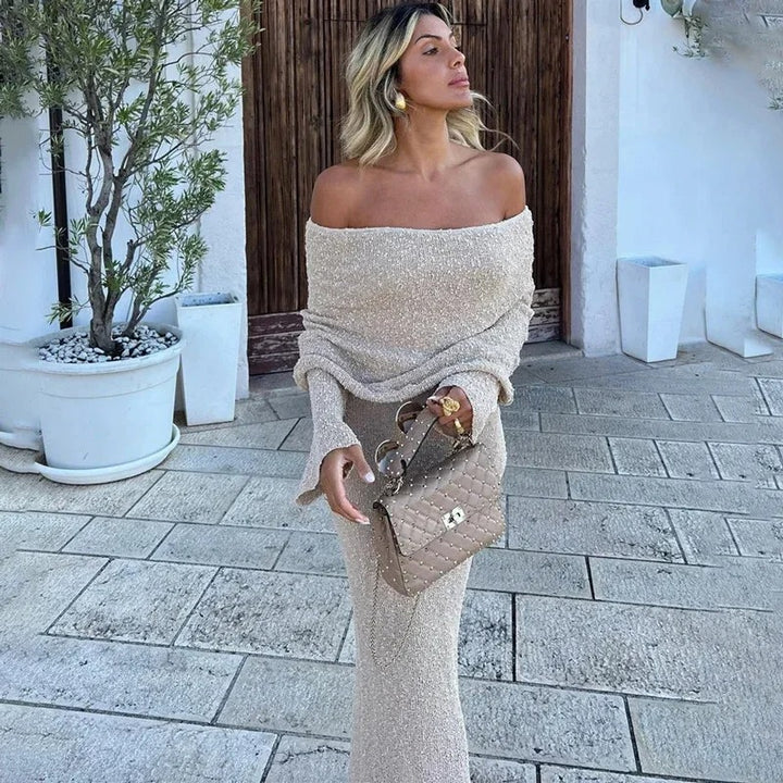 White Off-Shoulder Knit Maxi Dress