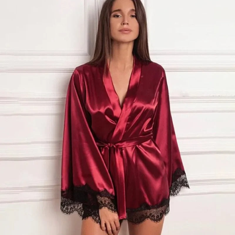 Burgundy Satin Kimono Robe with Lace Trim