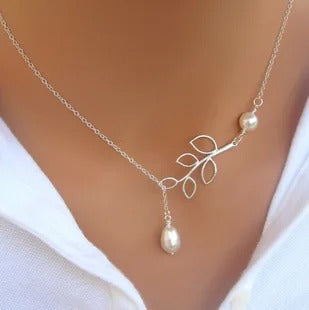 Silver Necklace with Branch and Pearls Natural Elegance