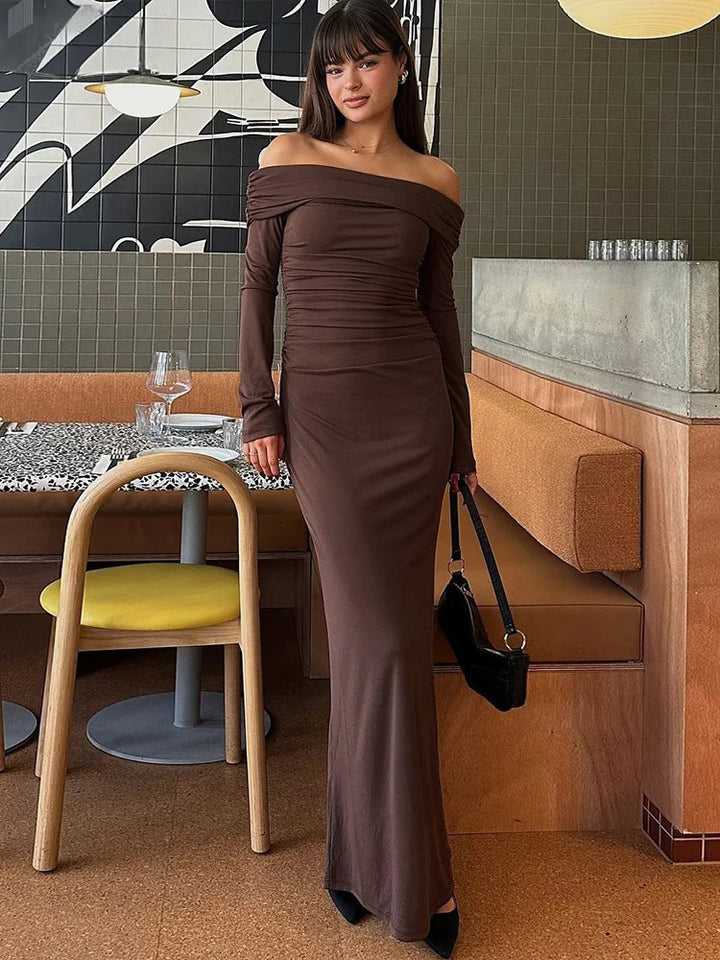 Brown ruched off shoulder maxi dress