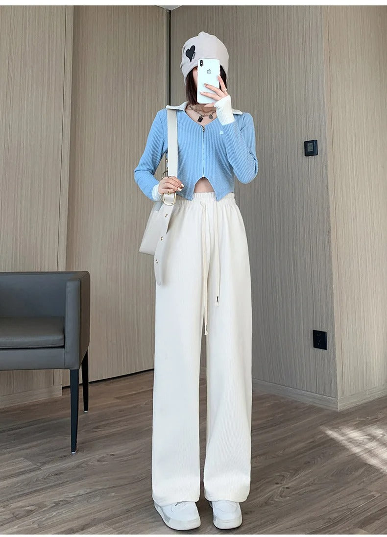 Beige Long Women's Casual Trousers with Wide Legs