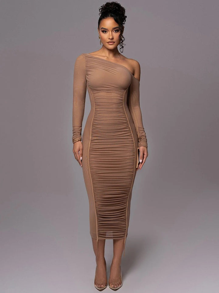 Brown ruched open back dress