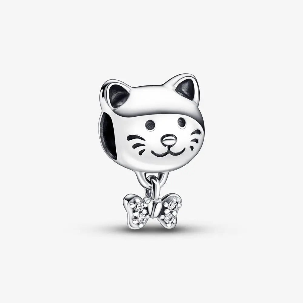 Silver Charm Cute Kitten with Zircon Bow