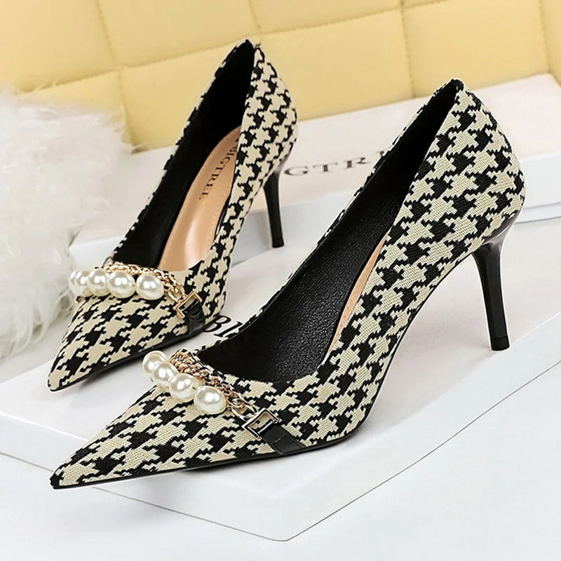 Black and White Pearl and Metal Chain Stilettos