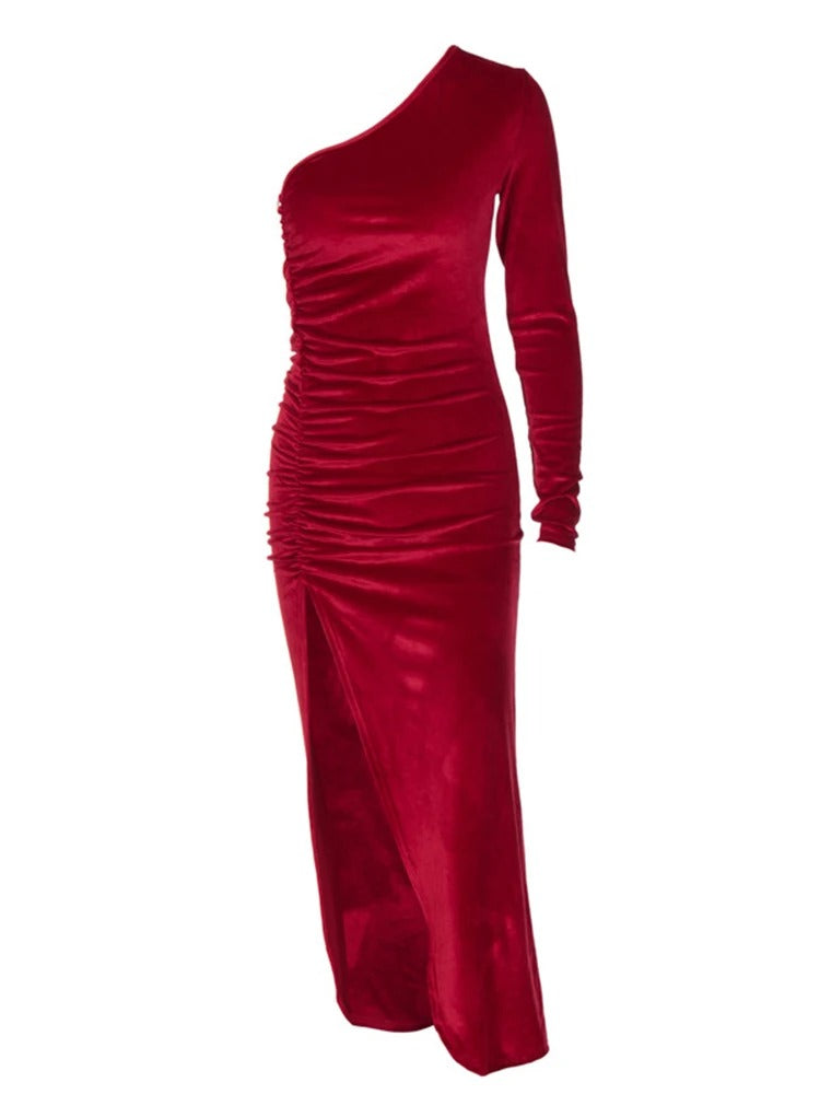 Red velvet evening dress with slit