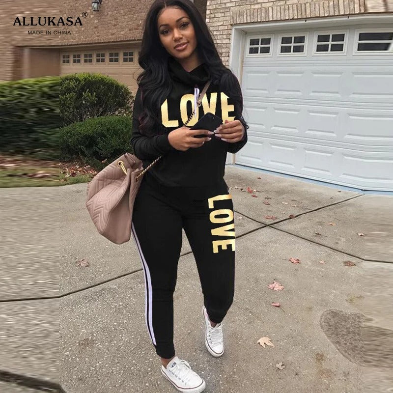 Black Women's Tracksuit LOVE Hoodie and Pants