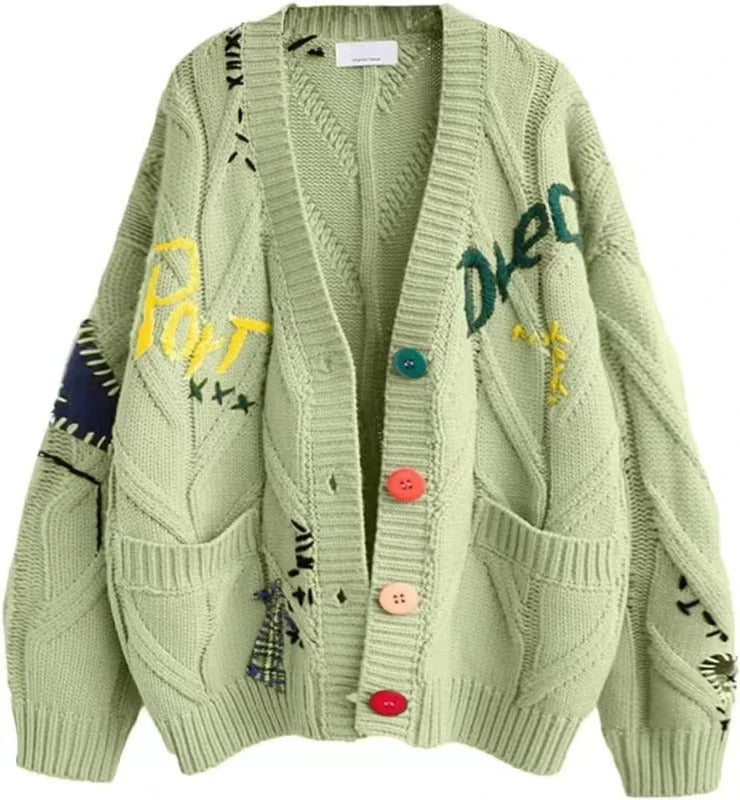 Embroidered Cardigan With Colored Buttons Green