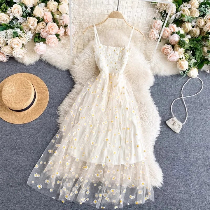 Beige Chiffon Dress with Floral Pattern