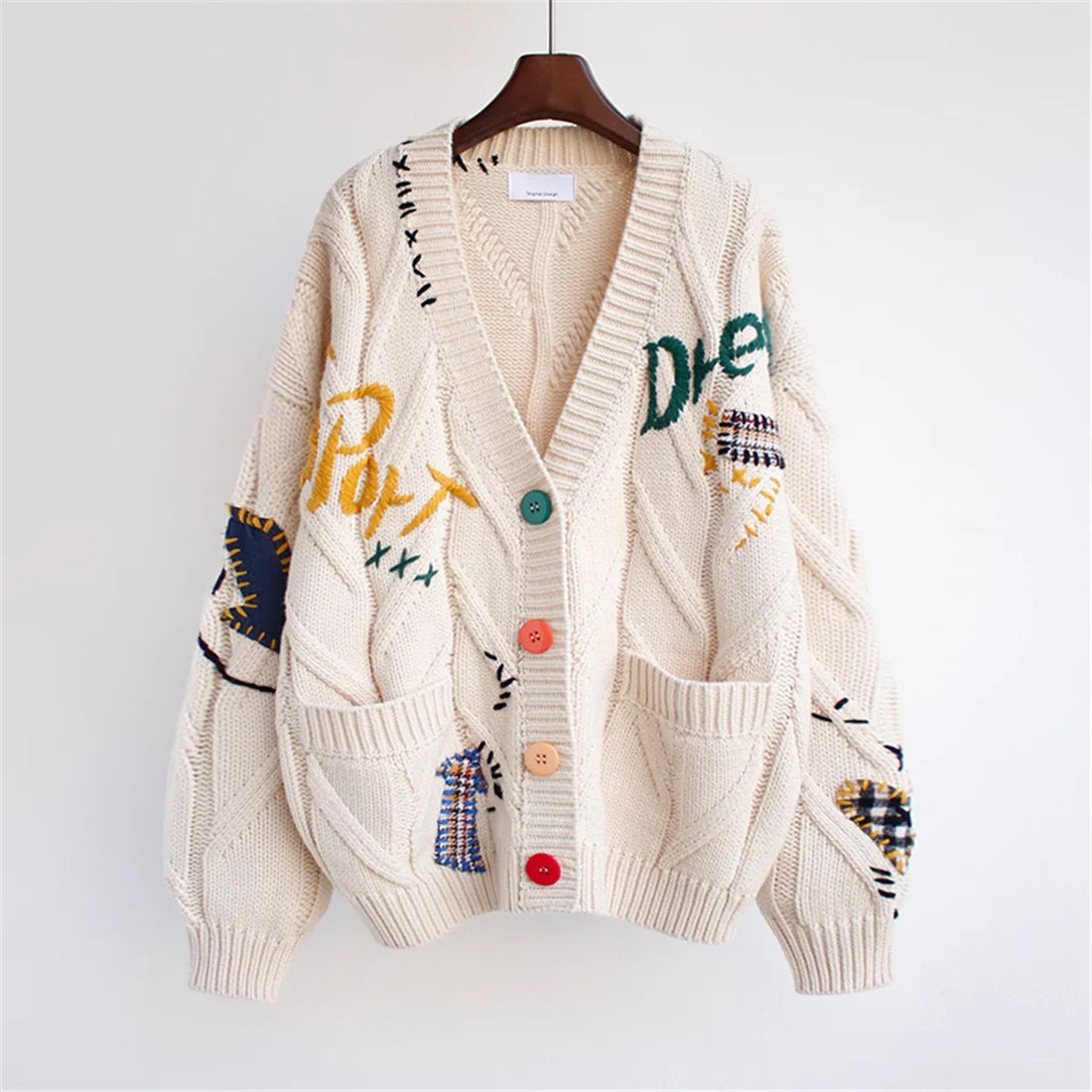 Embroidered Cardigan With Colored Ivory Buttons