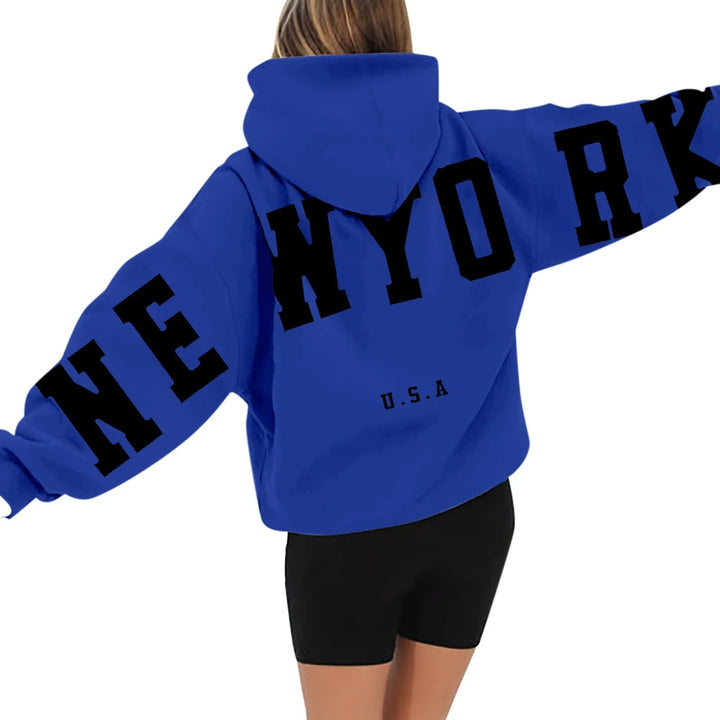 Niebieska Bluza z Kapturem New York Oversize