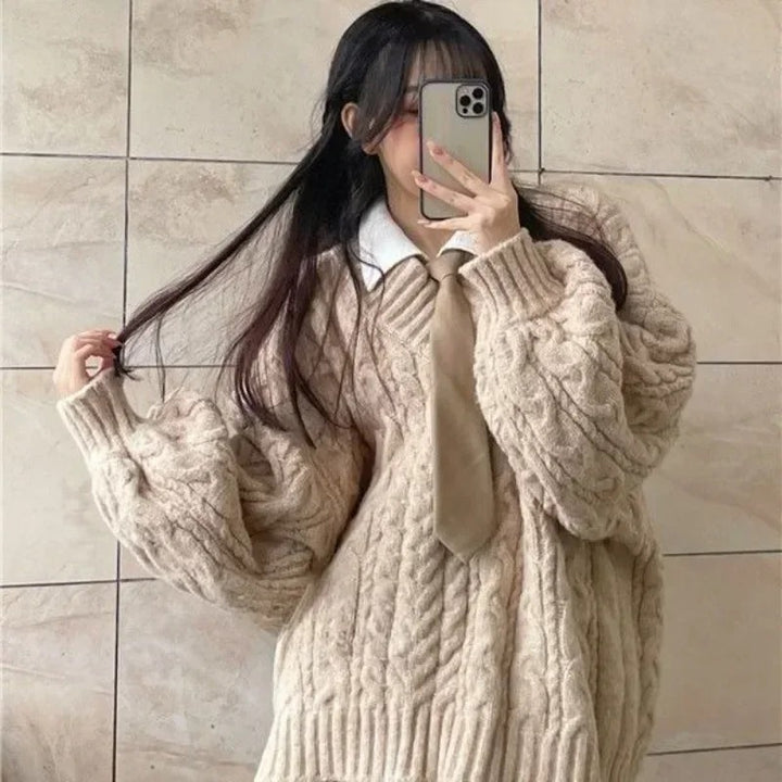 Oversized Khaki Cable Knit Sweater