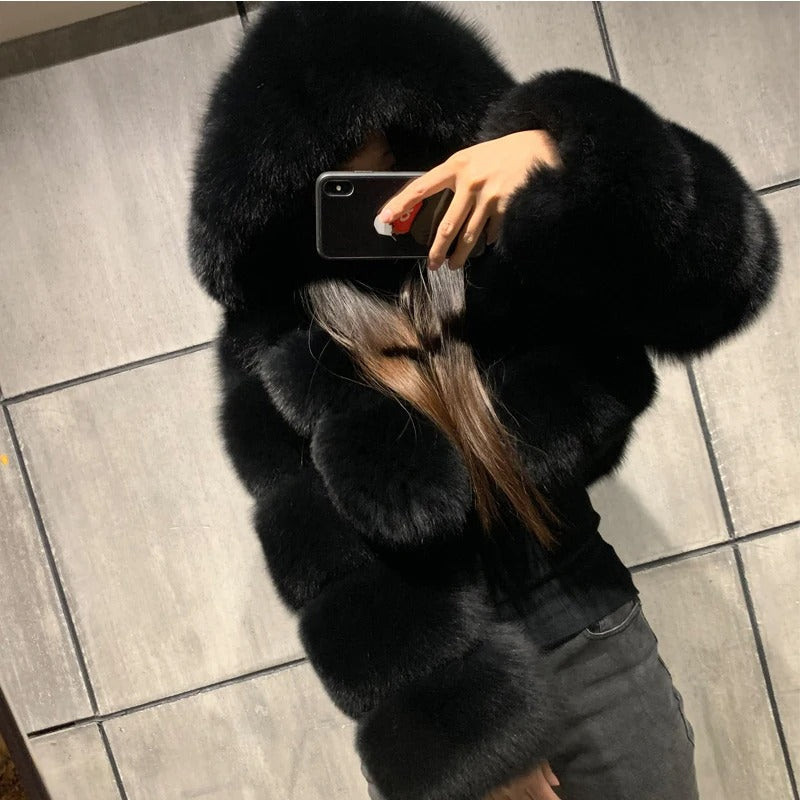 Black Short Coat with Fur and Hood